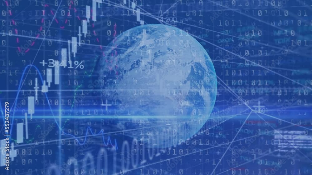 Poster animation of data processing and globe on blue background