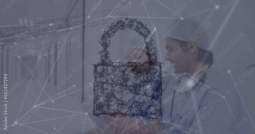 Poster animation of data processing with padlock icon and network of connections over diverse doctors