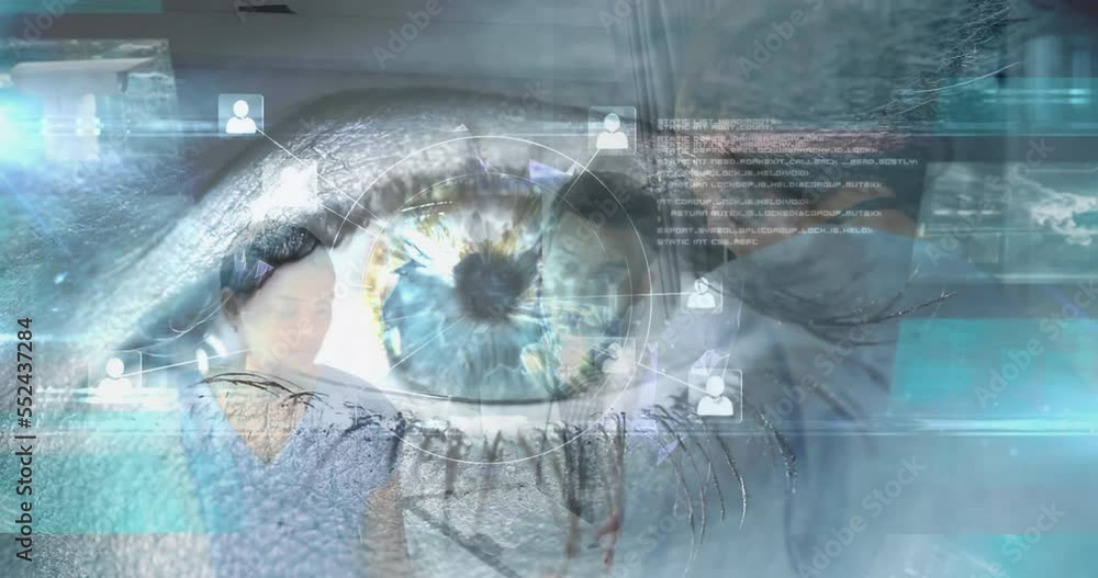 Poster animation of eye and data processing with globe over diverse doctors