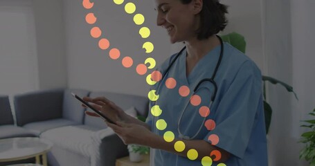 Animation of dna strand over caucasian female doctor using tablet - Powered by Adobe