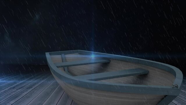 Animation of rain falling over boat on background