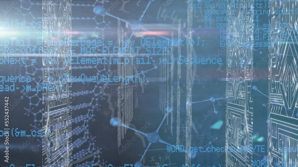Aufkleber animation of molecular and dna structure spinning over screens with microprocessor connections