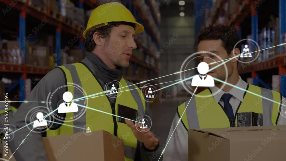 Poster animation of network of connections with icons over men working in office