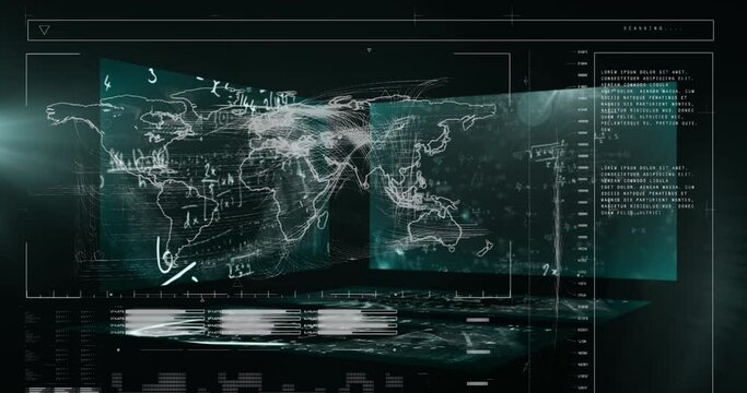 Animation of data processing and world map with mathematical equations on black background