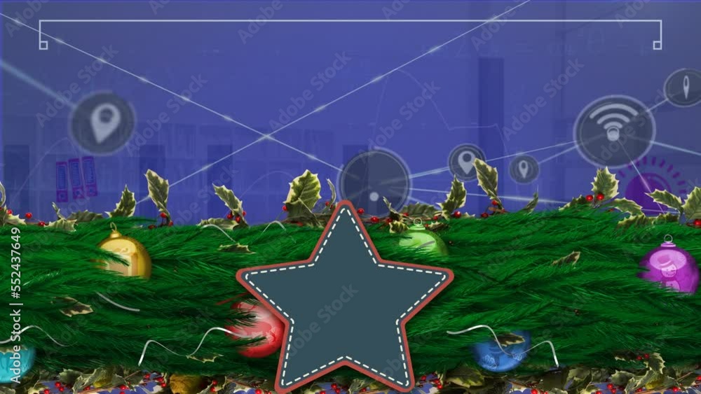 Poster animation of data processing over christmas decorations and network of connections