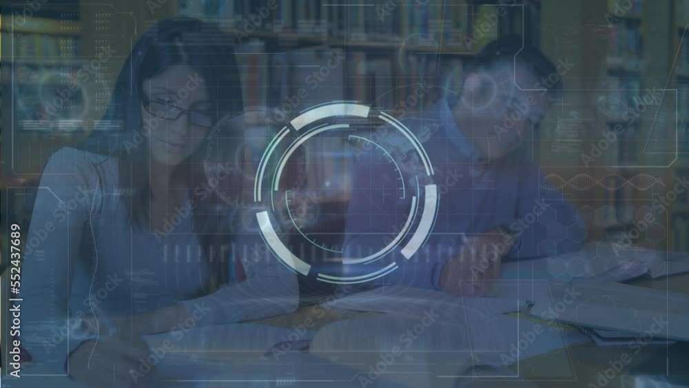 Poster animation of data processing over caucasian teachers in library