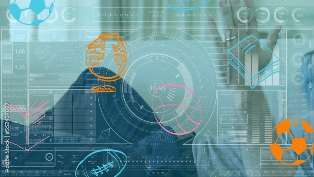 Poster animation of interface with data processing over caucasian man talking on smartphone