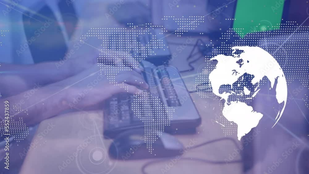 Poster animation of world map and globe over hands using computer