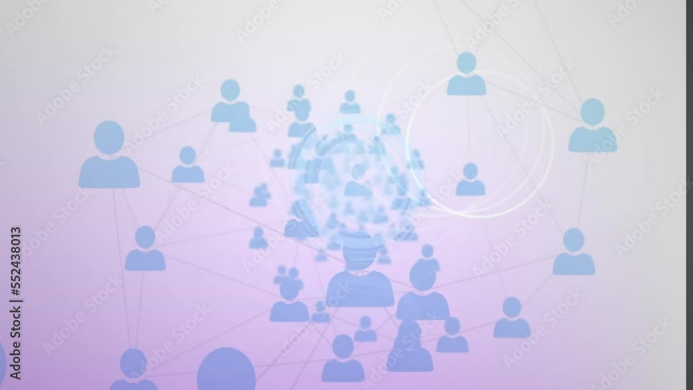 Poster animation of abstract circular shape moving over network of profile icons on white background