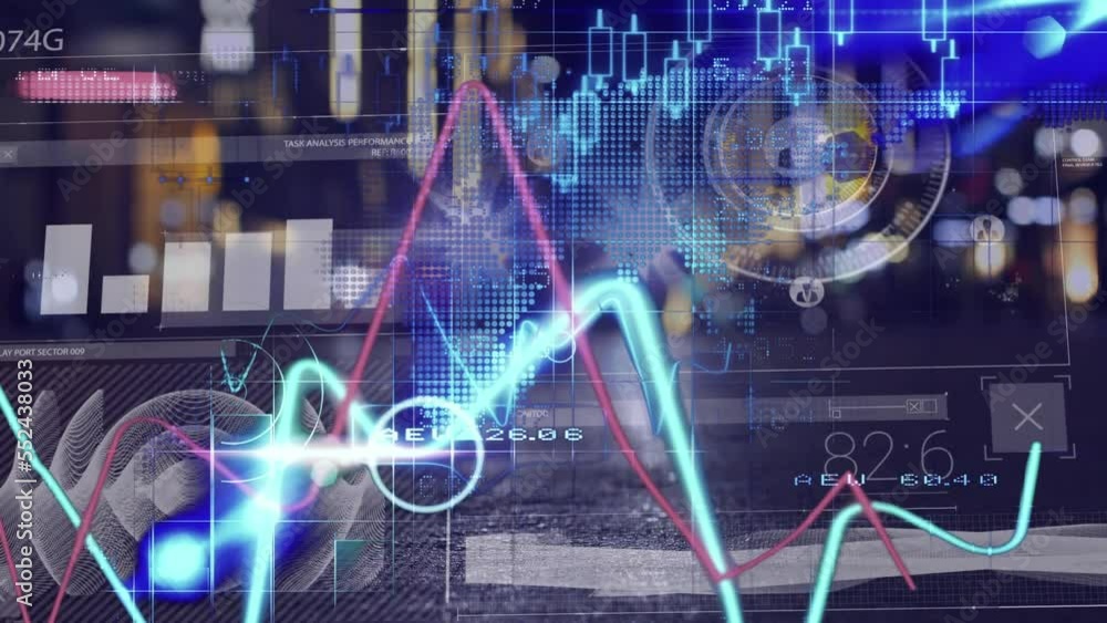 Aufkleber animation of graphs moving over interface with data processing against night city traffic