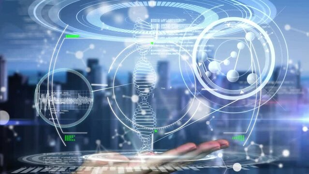 Animation of data processing with molecules and dna strand over cityscape - Powered by Adobe