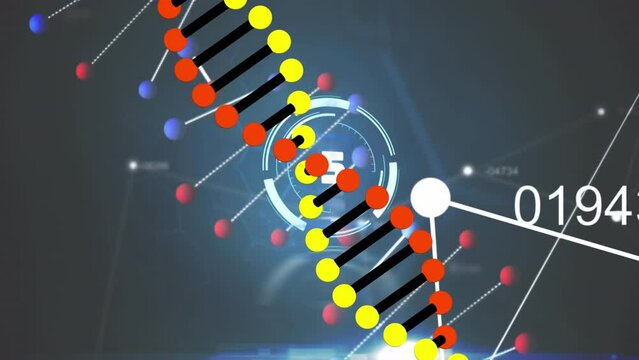 Animation of data processing and scope scanning over dna strands on black background
