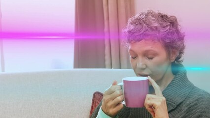 Animation of light trails over caucasian woman drinking coffee - Powered by Adobe