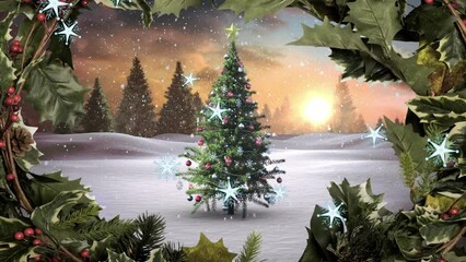 Animation of snow falling over christmas tree and winter landscape
