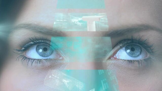 Animation of data processing and purple shapes over eyes of caucasian woman