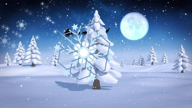 Animation of snow falling over santa claus in sleigh with reindeer and winter landscape