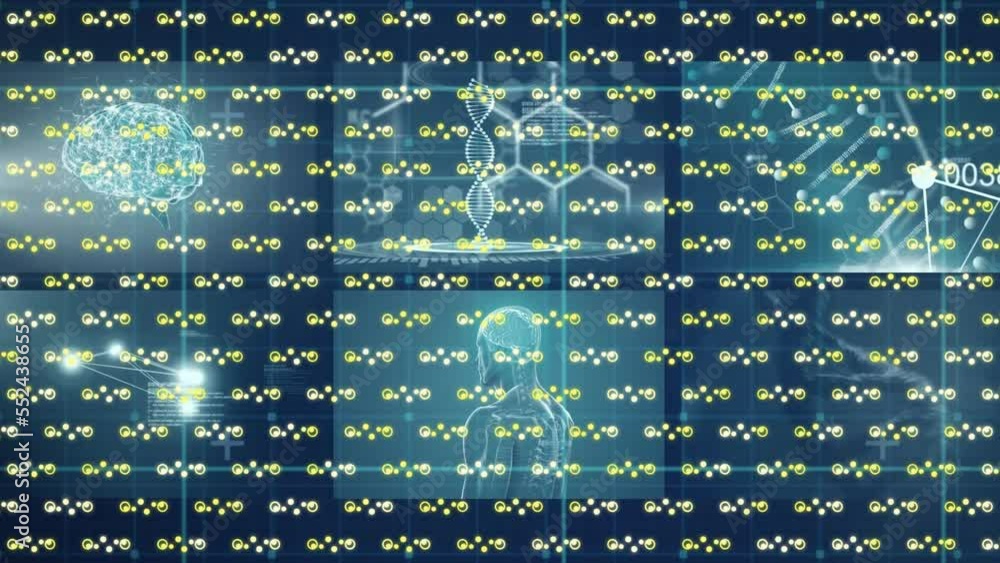 Poster animation of pattern over scientific data processing with dna strand spinning
