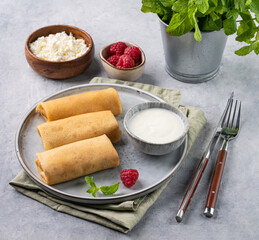 Homemade crepes with raspberry and sour cream on a plate on a light background with mint.