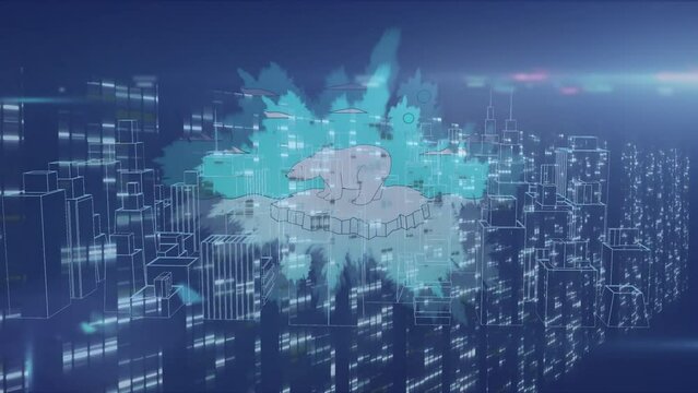 Animation of polar bear on glacier over data processing and cityscape at night