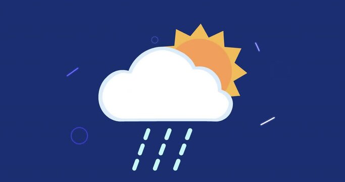 Animation of cloud and sun icon over shapes on blue background