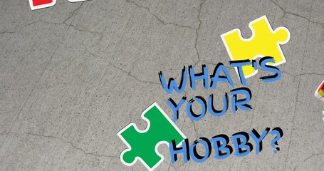 Animation of what's your hobby text over puzzle pieces on grey background - Powered by Adobe