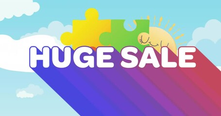 Animation of huge sale text over puzzle pieces and clouds on green background - Powered by Adobe
