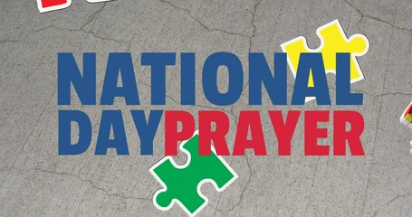 Animation of national day prayer text over puzzle pieces on grey background - Powered by Adobe
