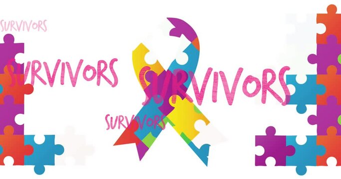 Animation of survivors text over puzzle pieces and ribbon on yellow background