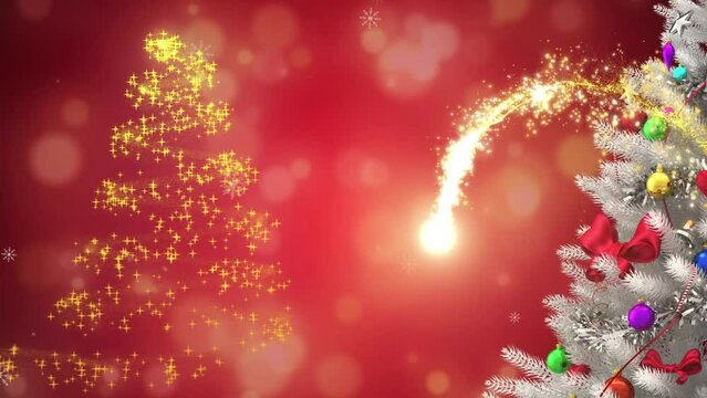 Animation of shooting star over christmas tree and snow falling on red background