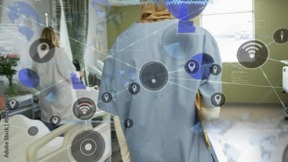 Poster animation of network of connections with data processing over diverse doctors and patients