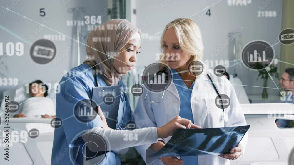 Aufkleber animation of network of connections and statistics over diverse doctors with x ray scan