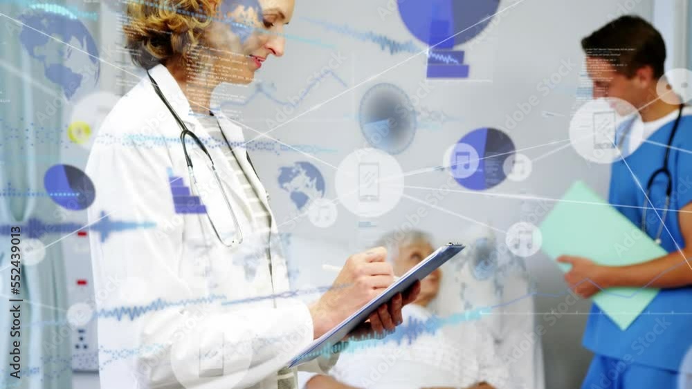 Poster animation of network of connections with data processing over diverse doctors and patient