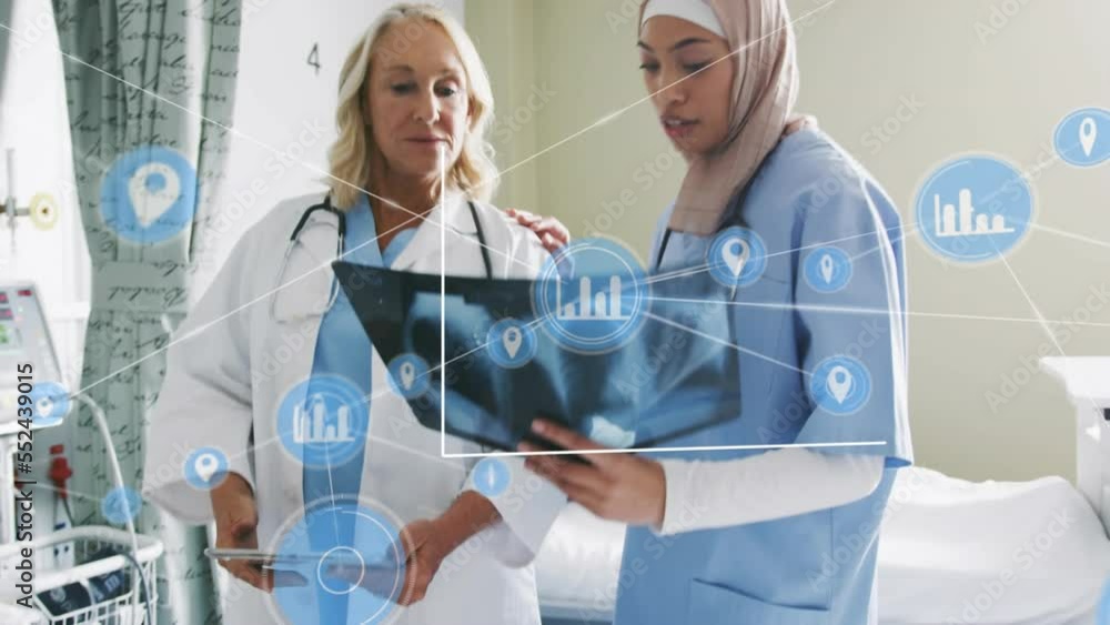 Aufkleber animation of network of connections and statistics over diverse doctors with x ray scan