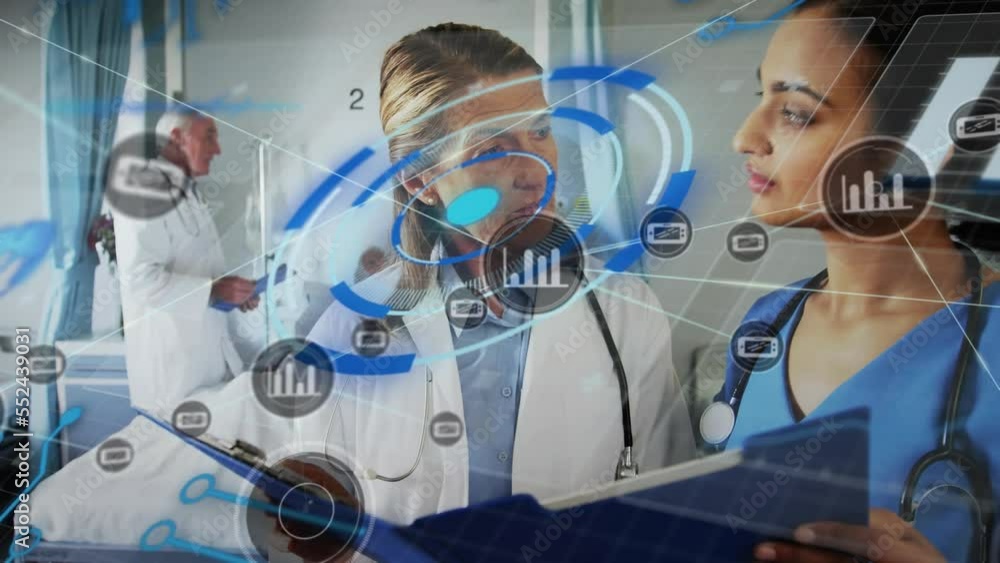 Poster animation of network of connections and statistics over diverse doctors using clipboard