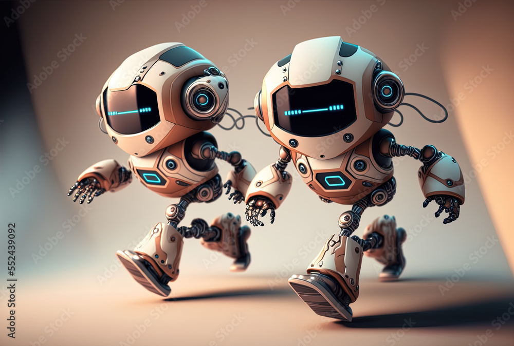 Poster adorable artificial intelligence robots moving or running. generative ai