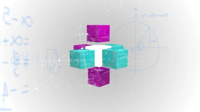 Animation of cubes over mathematical equations on white background