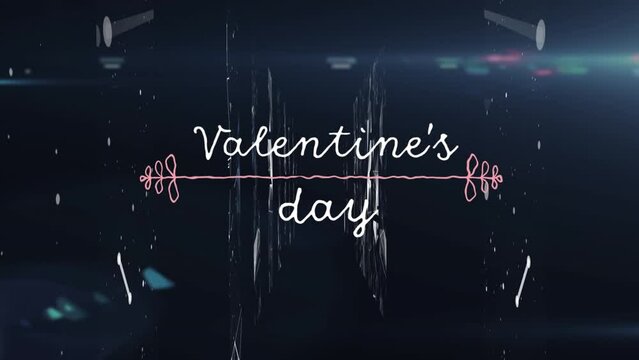 Animation of valentines day text over network of connections on black background