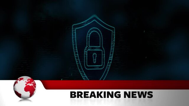 Animation of globe with breaking news text over padlock icon on black background - Powered by Adobe