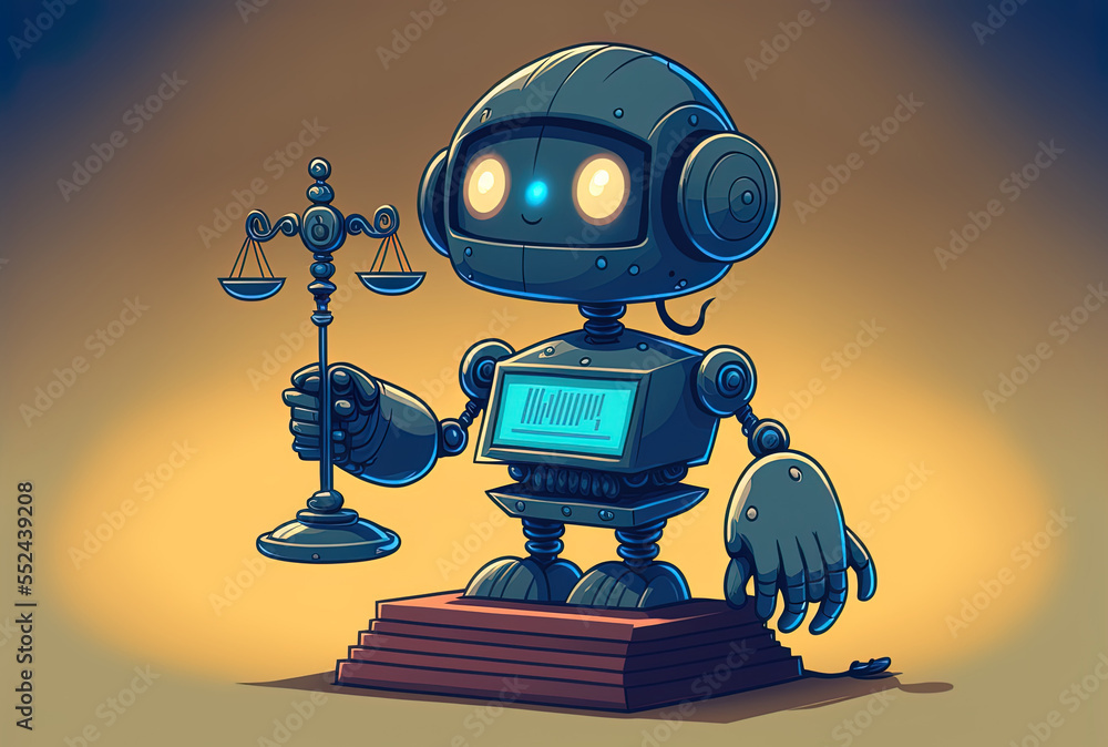 Poster internet law idea with an artificial intelligence or android judge robot. generative ai
