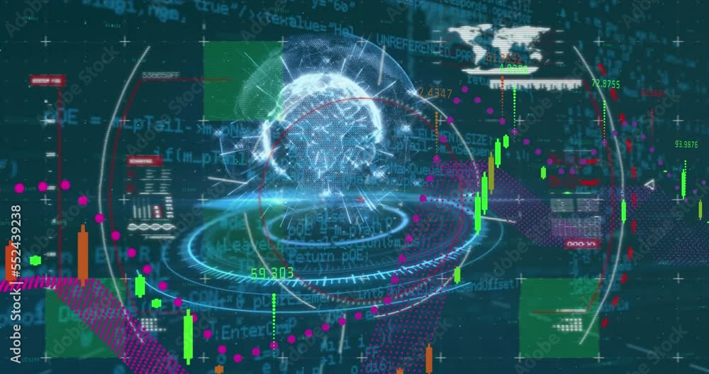 Poster animation of financial data over data processing and globe in navy space