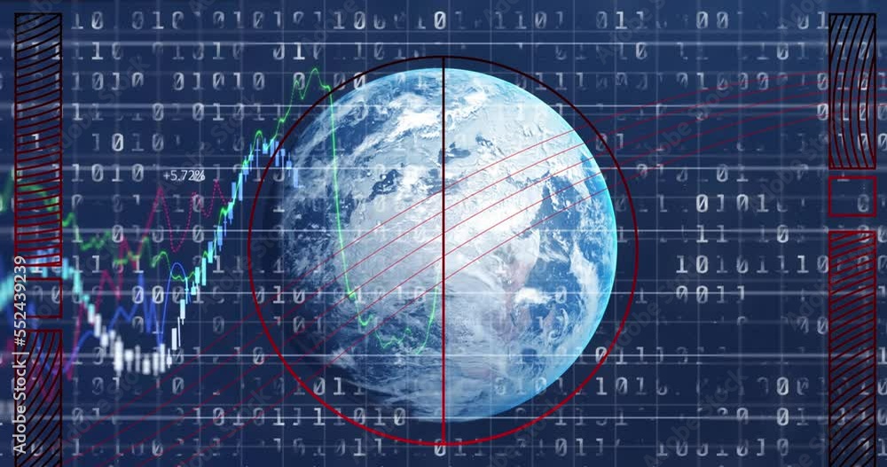 Poster animation of financial data, binary code over globe in navy space