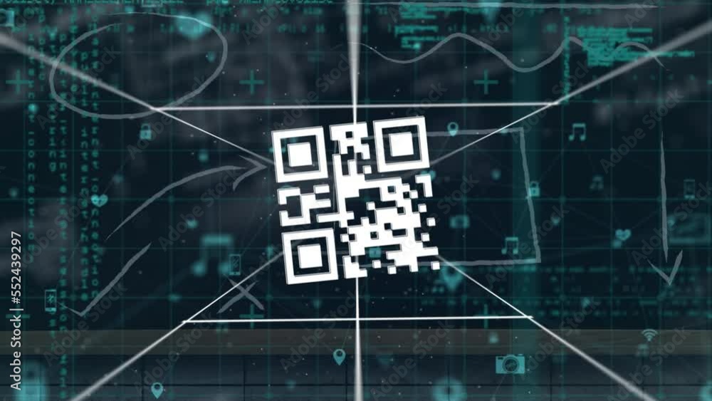 Aufkleber animation of qr code and network of connections with icons over data processing on black background