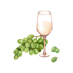Watercolor white wine glasses with and grape berries. Hand drawn watercolor illustration, isolated on white background.Concept for wine list, label, banner, menu, flyer, brochure template