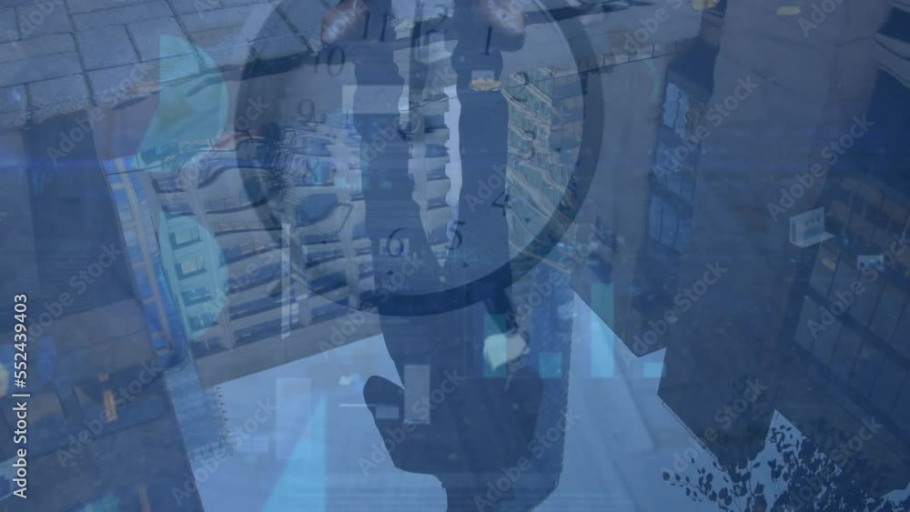 Poster animation of clock and data processing over caucasian man and cityscape