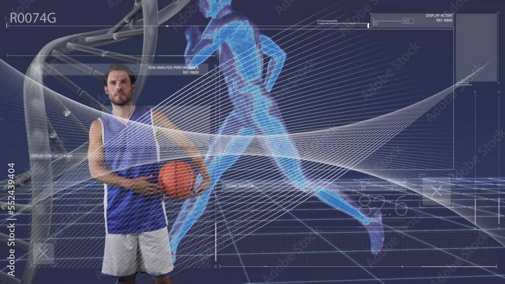 Poster animation of data processing with dna strand and digital human over caucasian basketball player