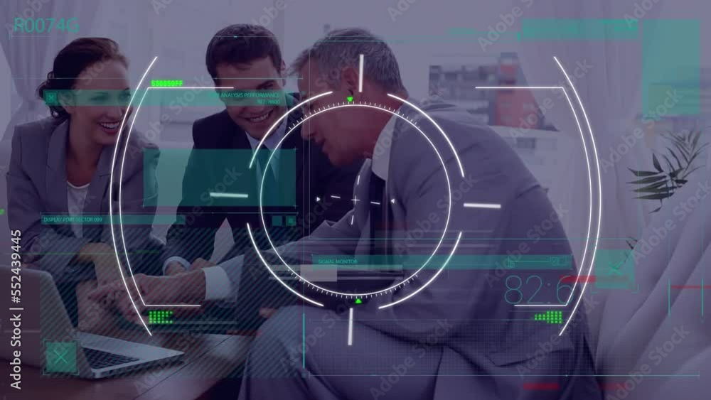 Poster animation of data processing and scope scanning over diverse business people