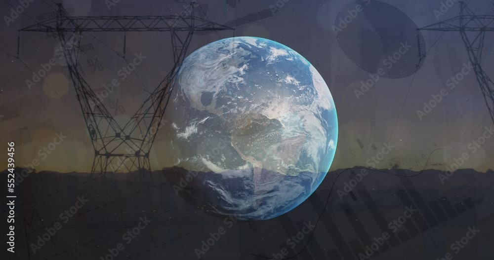 Poster animation of data processing and globe over electricity pylon