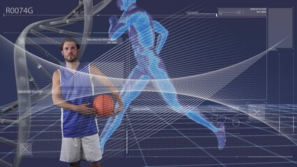 Animation of data processing with dna strand and digital human over caucasian basketball player - Powered by Adobe