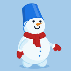 A snowman in red mittens, a red scarf and a blue bucket on his head on a blue background
