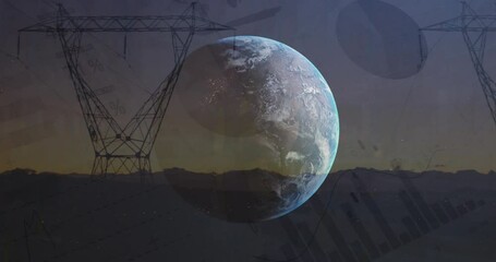 Animation of globe and financial data processing over electricity pylons - Powered by Adobe